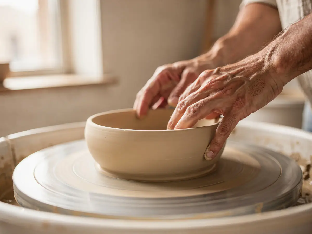 A potter shaping a clay bowl on the wheel